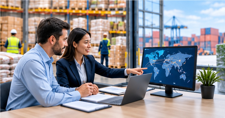 Business logistics team coordinating international sourcing and supply