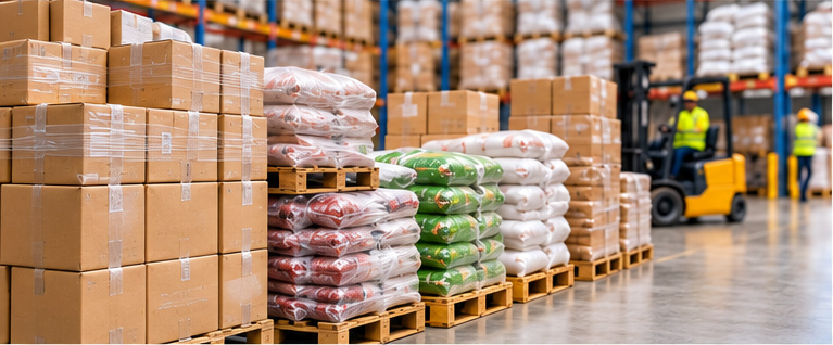Bulk warehouse goods prepared for commercial distribution