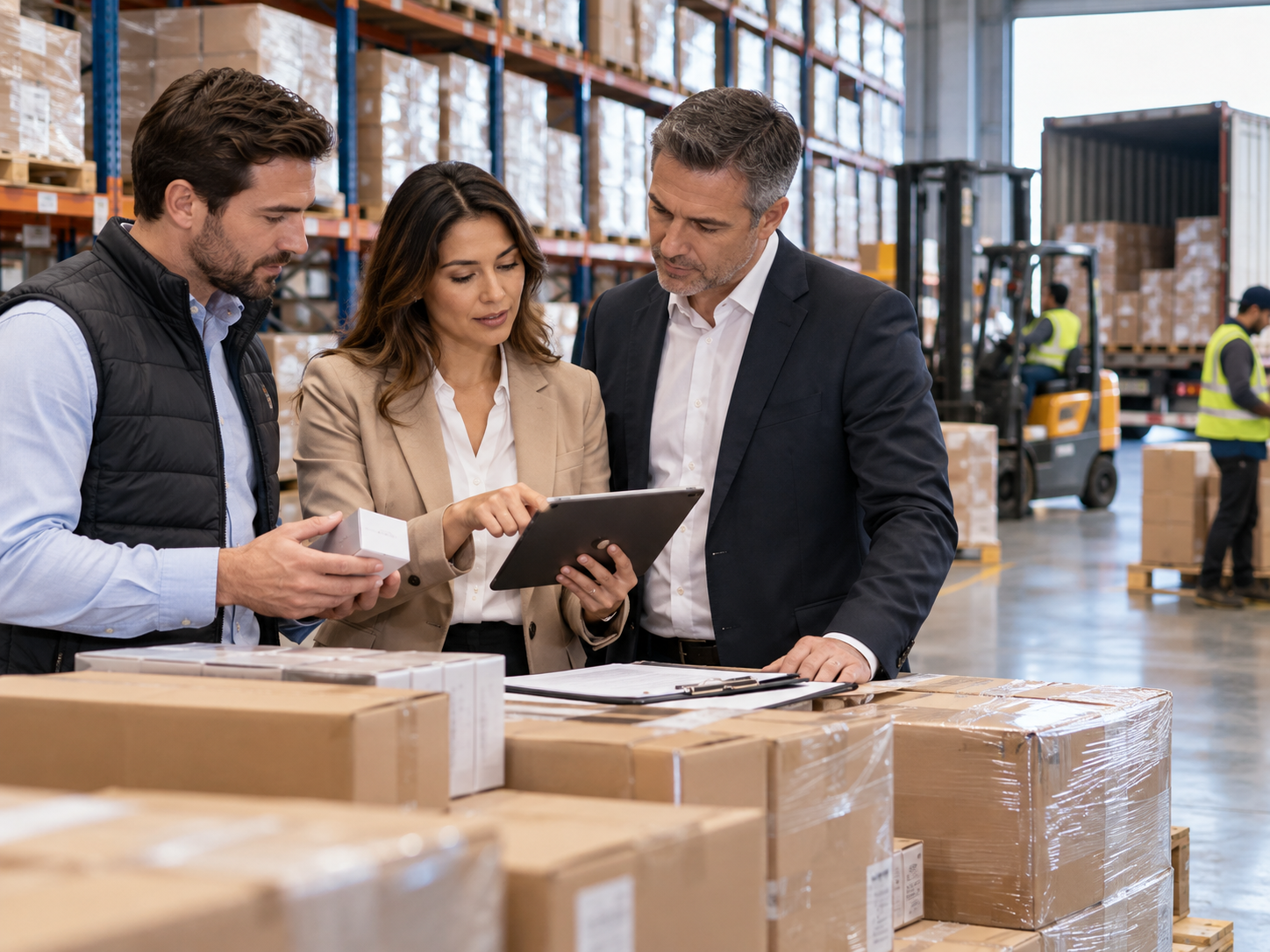 Professional team reviewing warehouse logistics and commercial supply operations